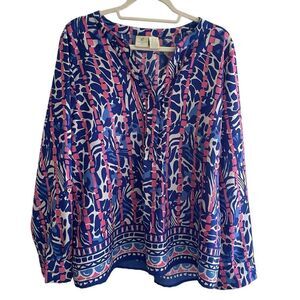 Caribbean Joe Pink Blue Tunic Top Women’s Size XL Roll Tab Long Sleeve Blouse